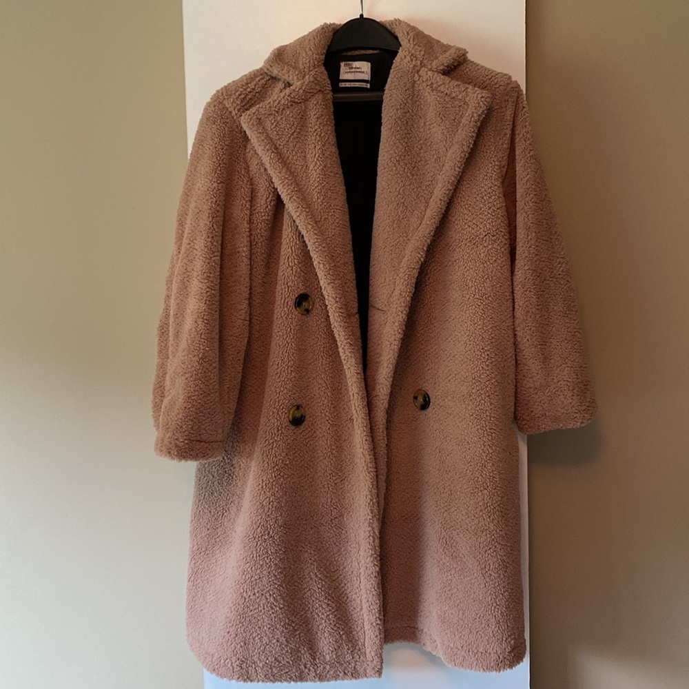 Mauve Urban Outfitters Teddy Pea Coat Long Faux Fur jacket longline fuzzy Sherpa